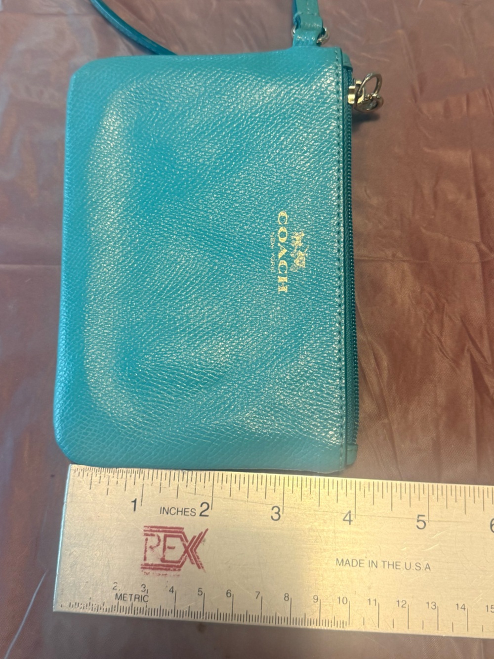 Coach Turquoise Pebbled Leather Wristlet Pouch Zip Top Gold Logo - Picture 7 of 7
